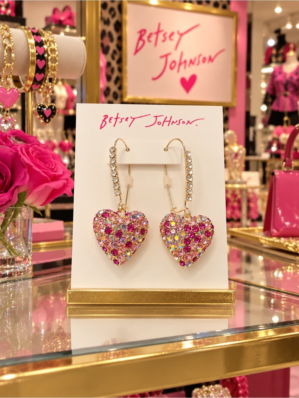 Betsey Johnson Gold-Tone Pink Multicolor Crystal Heart Dangle Earrings